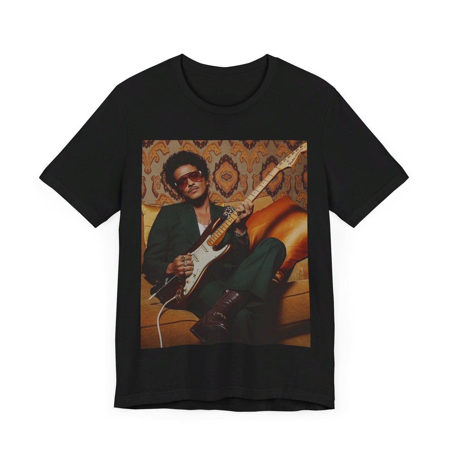 A black graphic t-shirt featuring a graphic of Bruno Mars playing guitar, emphasizing his funk legend status.