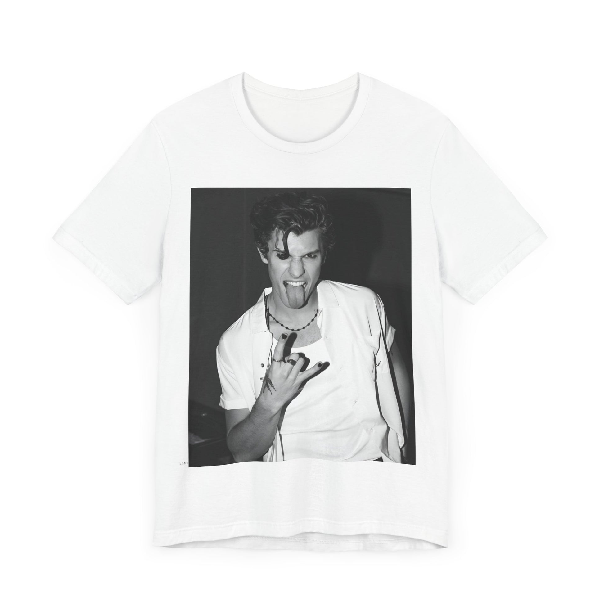 A black graphic t-shirt featuring a casual black and white fan graphic of Shawn Mendes.