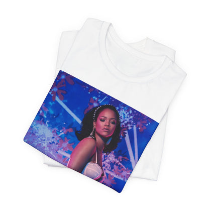 A black graphic t-shirt featuring a graphic of Rihanna as a lingerie goddess.