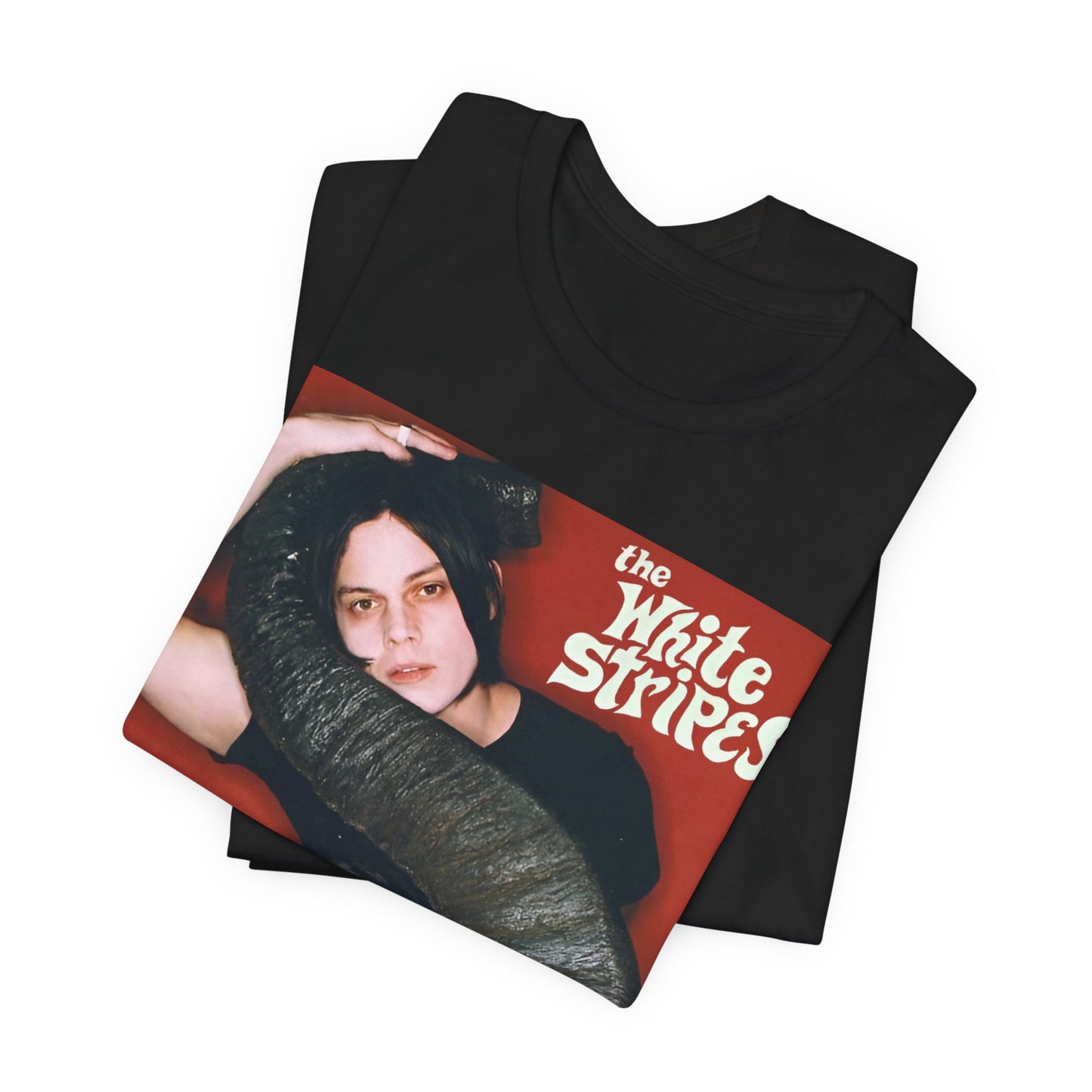 A black graphic t-shirt featuring a vintage graphic related to The White Stripes' 'Elephant' album era.