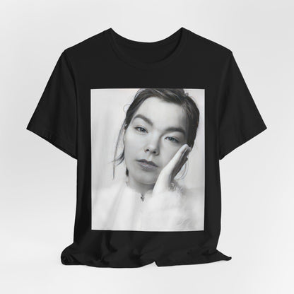 A black graphic t-shirt featuring a graphic related to Bjork's 'Post' album era, possibly with album art elements.