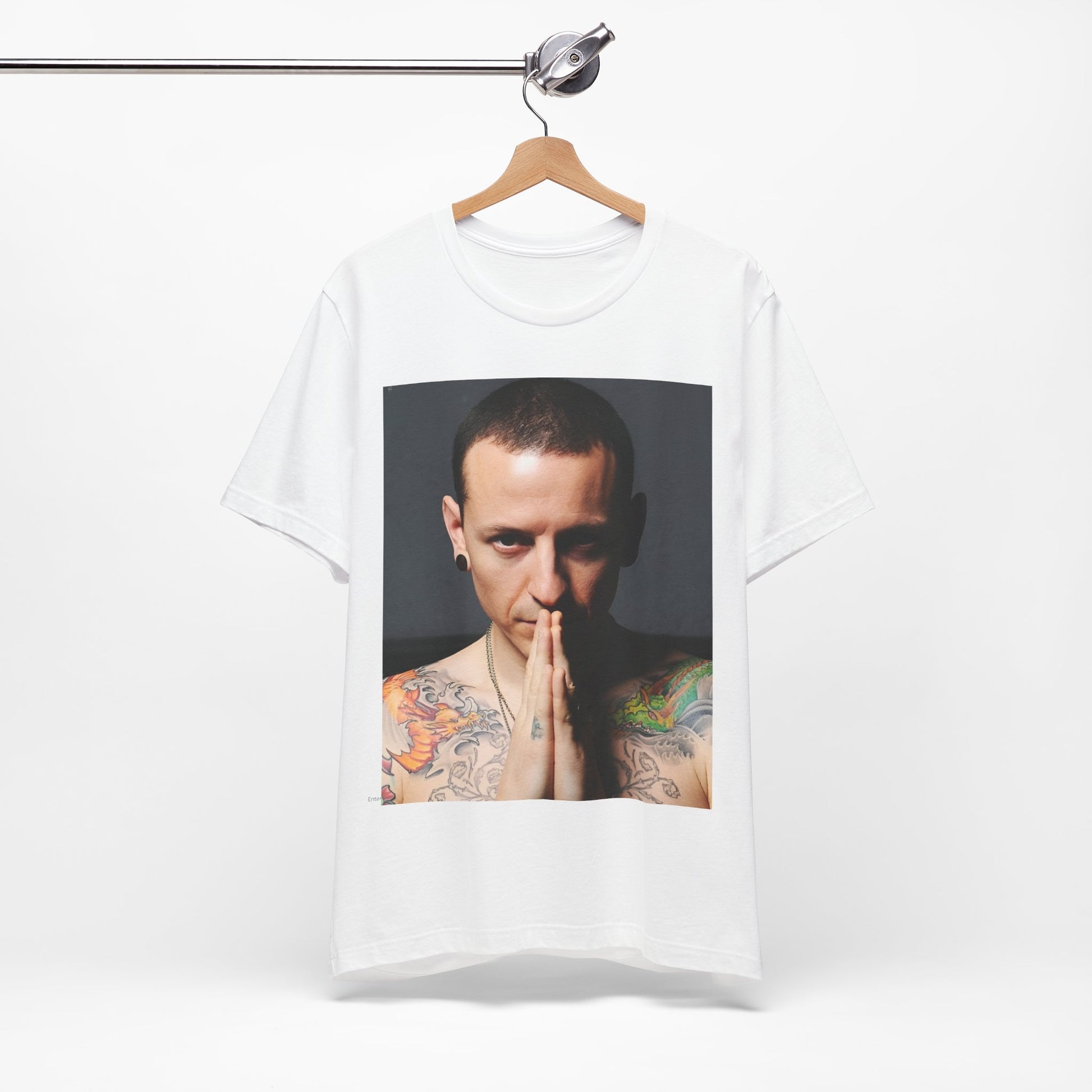 A black graphic t-shirt featuring a retro photo portrait of Chester Bennington from Linkin Park.