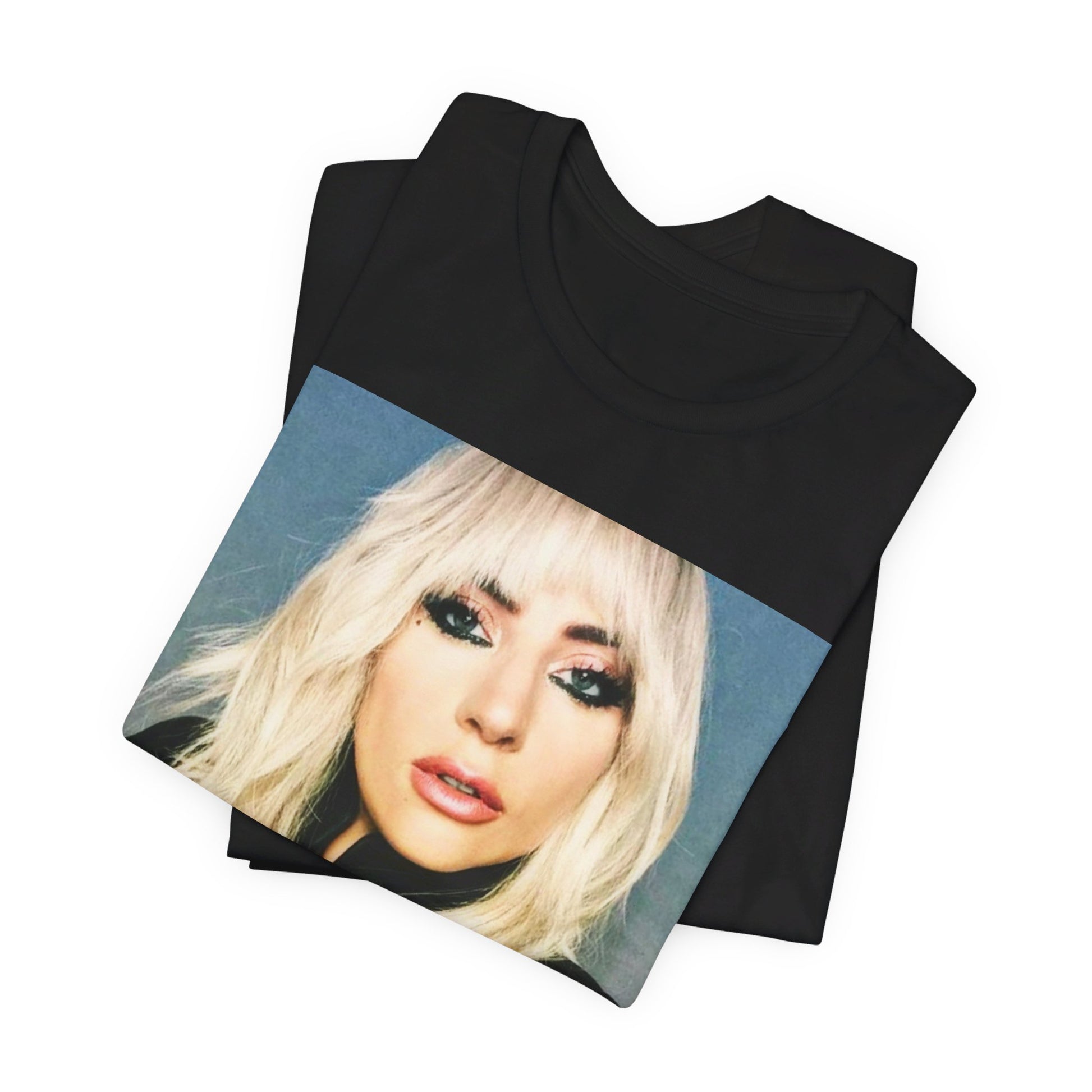 A black graphic t-shirt featuring a casual pop fan graphic of Lady Gaga.