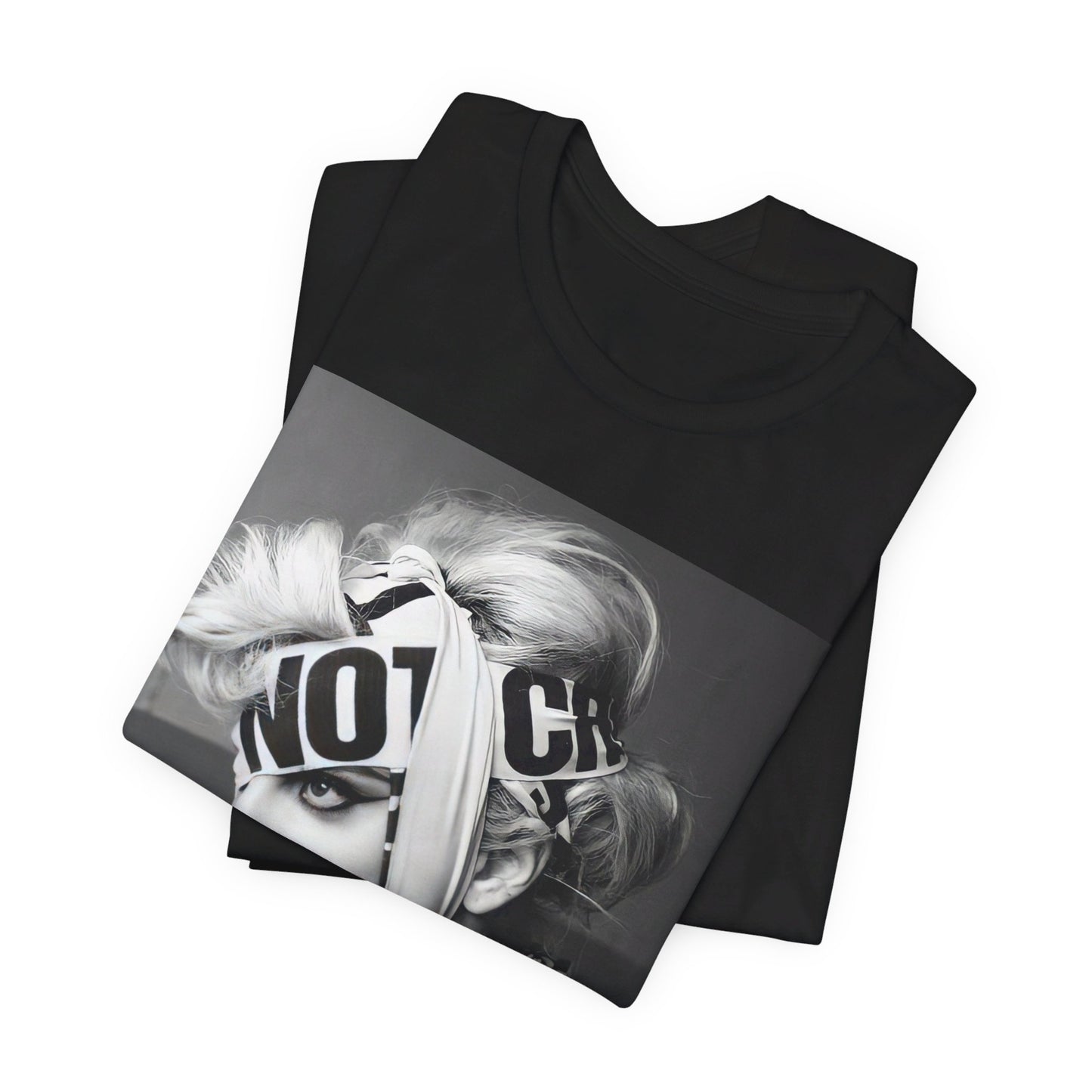A black graphic t-shirt featuring a glam graphic related to Lady Gaga's 'Born This Way' album era.