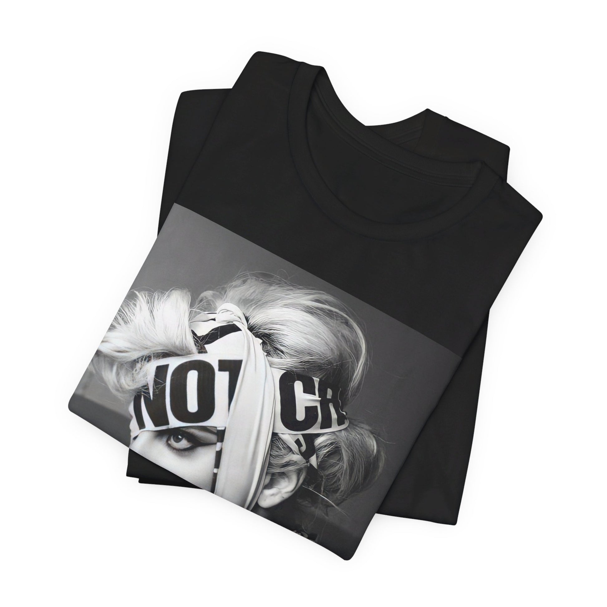 A black graphic t-shirt featuring a glam graphic related to Lady Gaga's 'Born This Way' album era.
