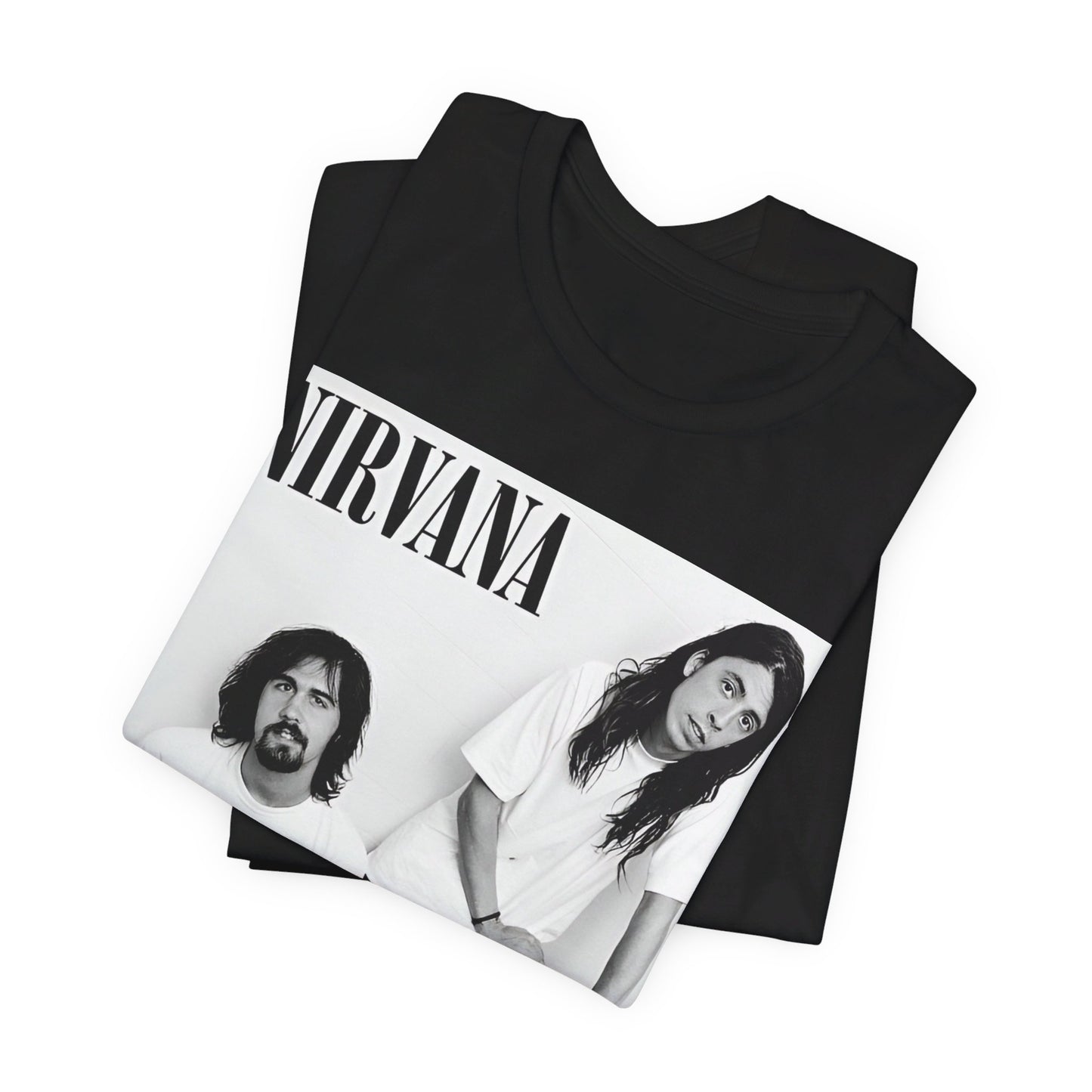 A black graphic t-shirt featuring a graphic of Nirvana emphasizing a rebellious grunge spirit.