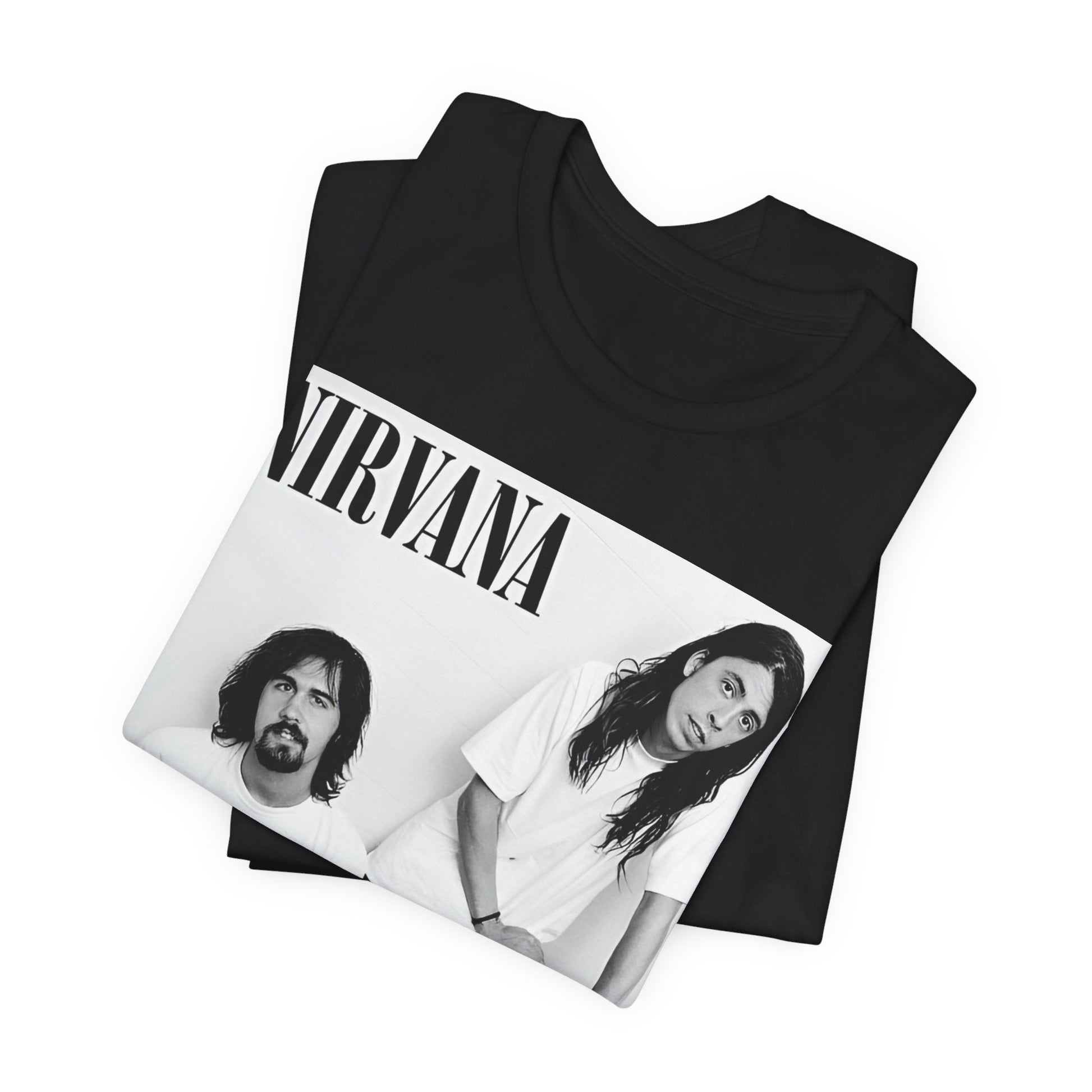 A black graphic t-shirt featuring a graphic of Nirvana emphasizing a rebellious grunge spirit.