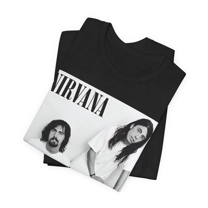 A black graphic t-shirt featuring a graphic of Nirvana emphasizing a rebellious grunge spirit.