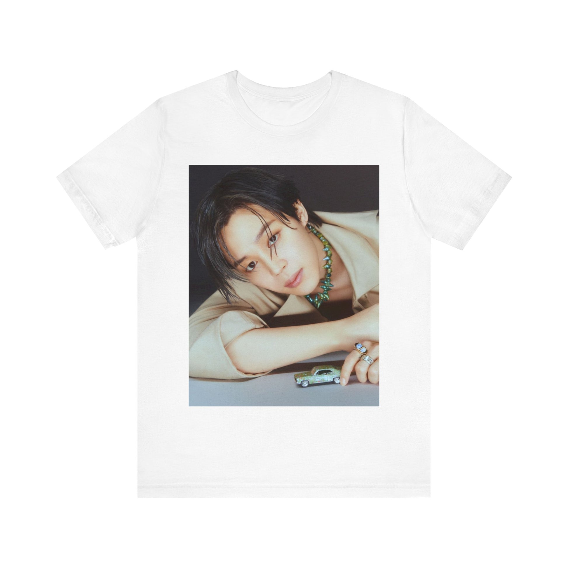A black graphic t-shirt featuring a retro graphic related to Jimin's 'Filter' era.