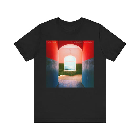 A black graphic t-shirt featuring a graphic related to Tame Impala's song 'Posthumous Forgiveness'.