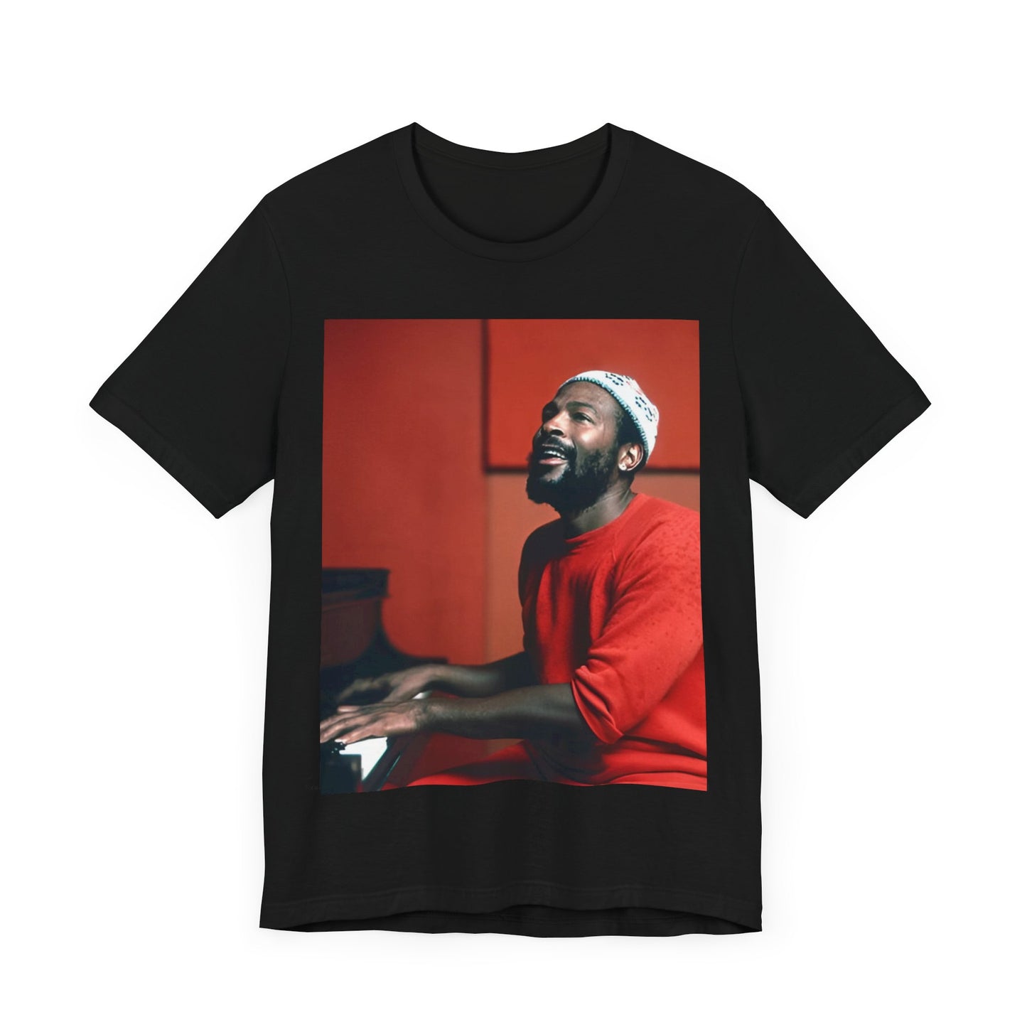 A black graphic t-shirt featuring a graphic of Marvin Gaye with a piano.