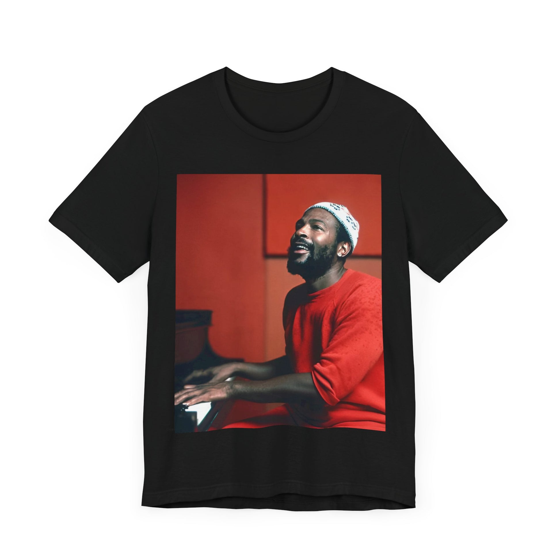 A black graphic t-shirt featuring a graphic of Marvin Gaye with a piano.