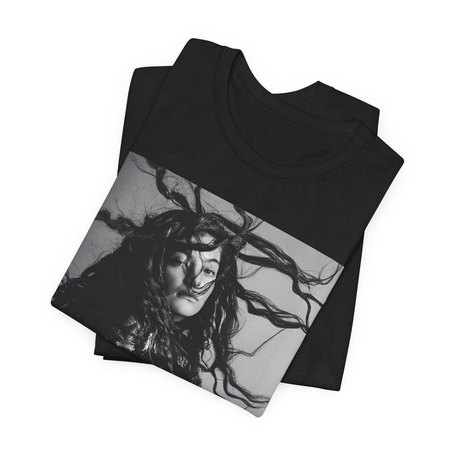 A black graphic t-shirt featuring a black and white retro photo or graphic of Lorde.