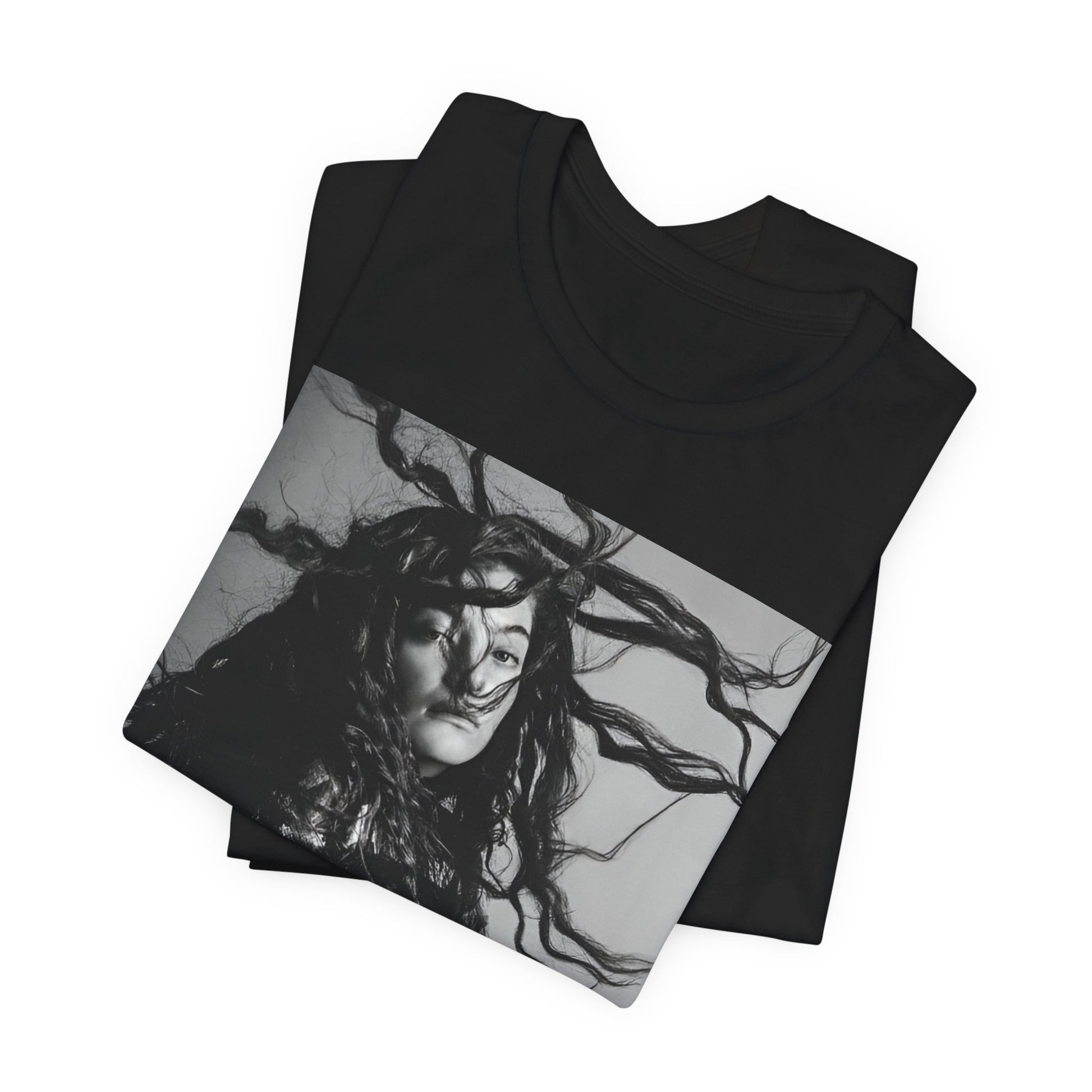 A black graphic t-shirt featuring a black and white retro photo or graphic of Lorde.