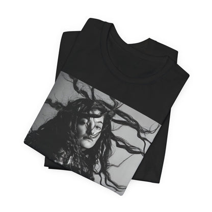 A black graphic t-shirt featuring a black and white retro photo or graphic of Lorde.
