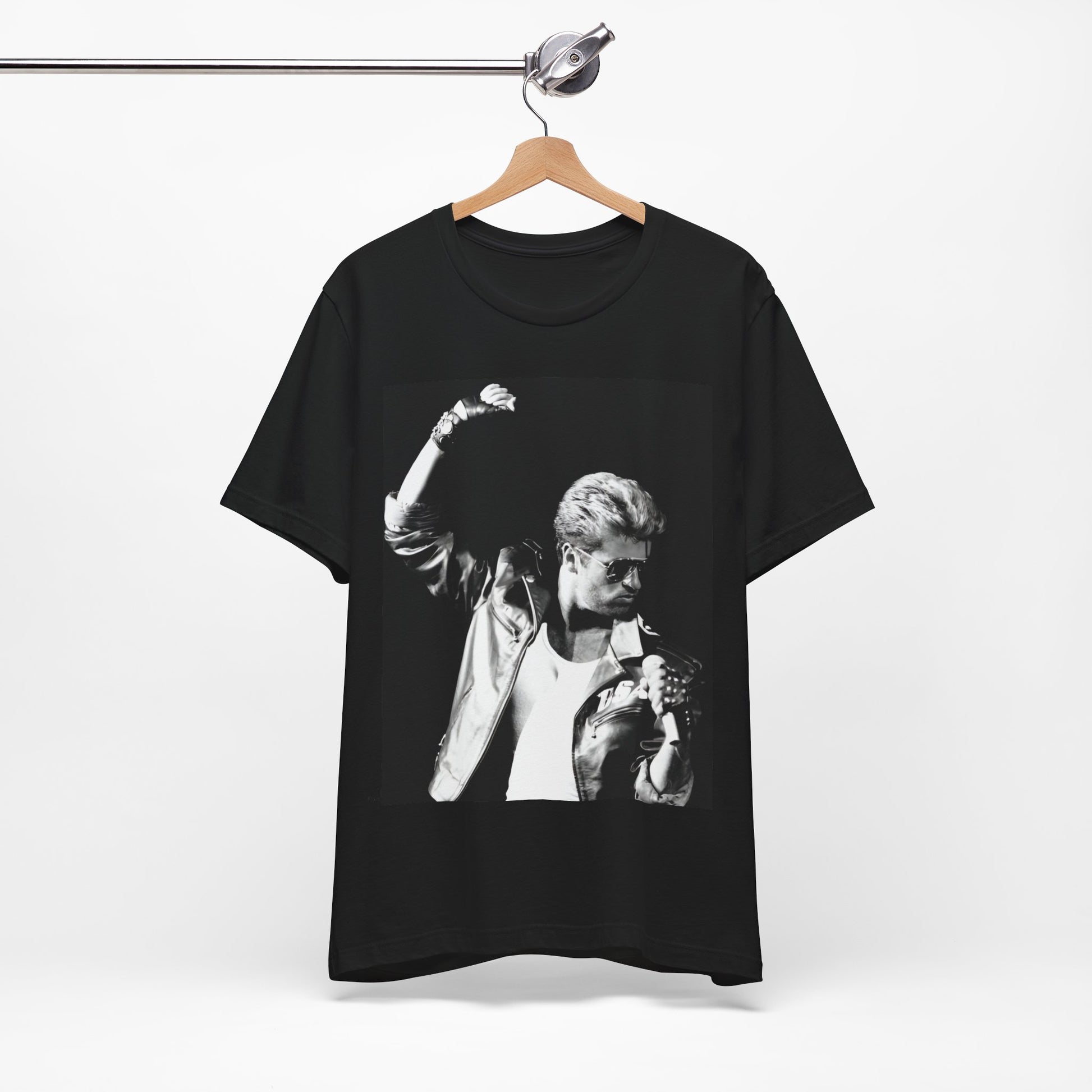 A black graphic t-shirt featuring a black and white photo of George Michael from his 'Faith' album era.