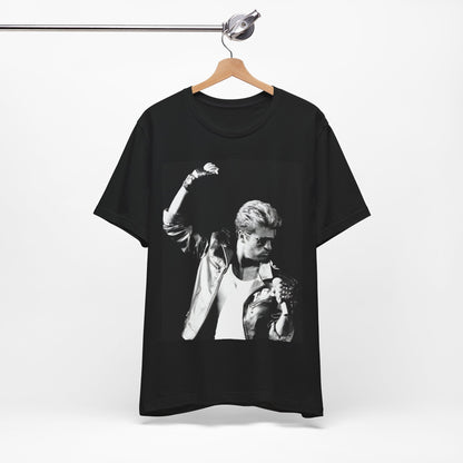A black graphic t-shirt featuring a black and white photo of George Michael from his 'Faith' album era.