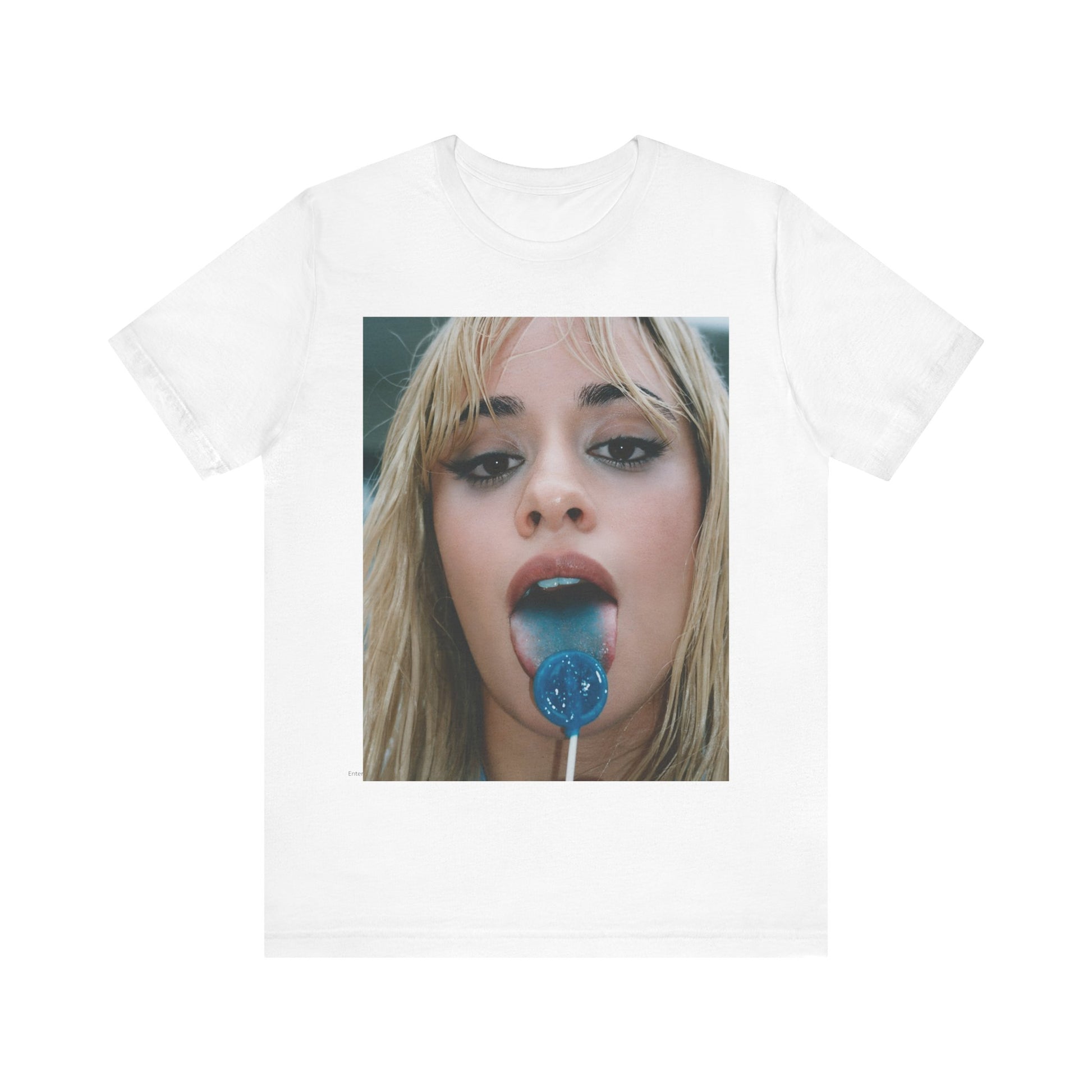 A black graphic t-shirt featuring a graphic related to Camila Cabello's C,XOXO album, with an aesthetic design.