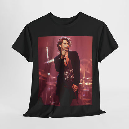 A black graphic t-shirt featuring a graphic related to INXS's 'Never Tear Us Apart' song or era from the 90s.