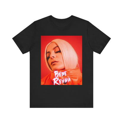 A black graphic t-shirt featuring a graphic of Bebe Rexha, designed with a glamorous or dazzling aesthetic.
