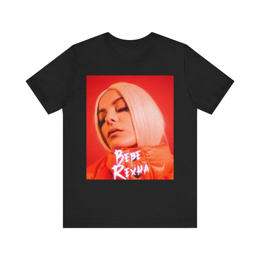 A black graphic t-shirt featuring a graphic of Bebe Rexha, designed with a glamorous or dazzling aesthetic.