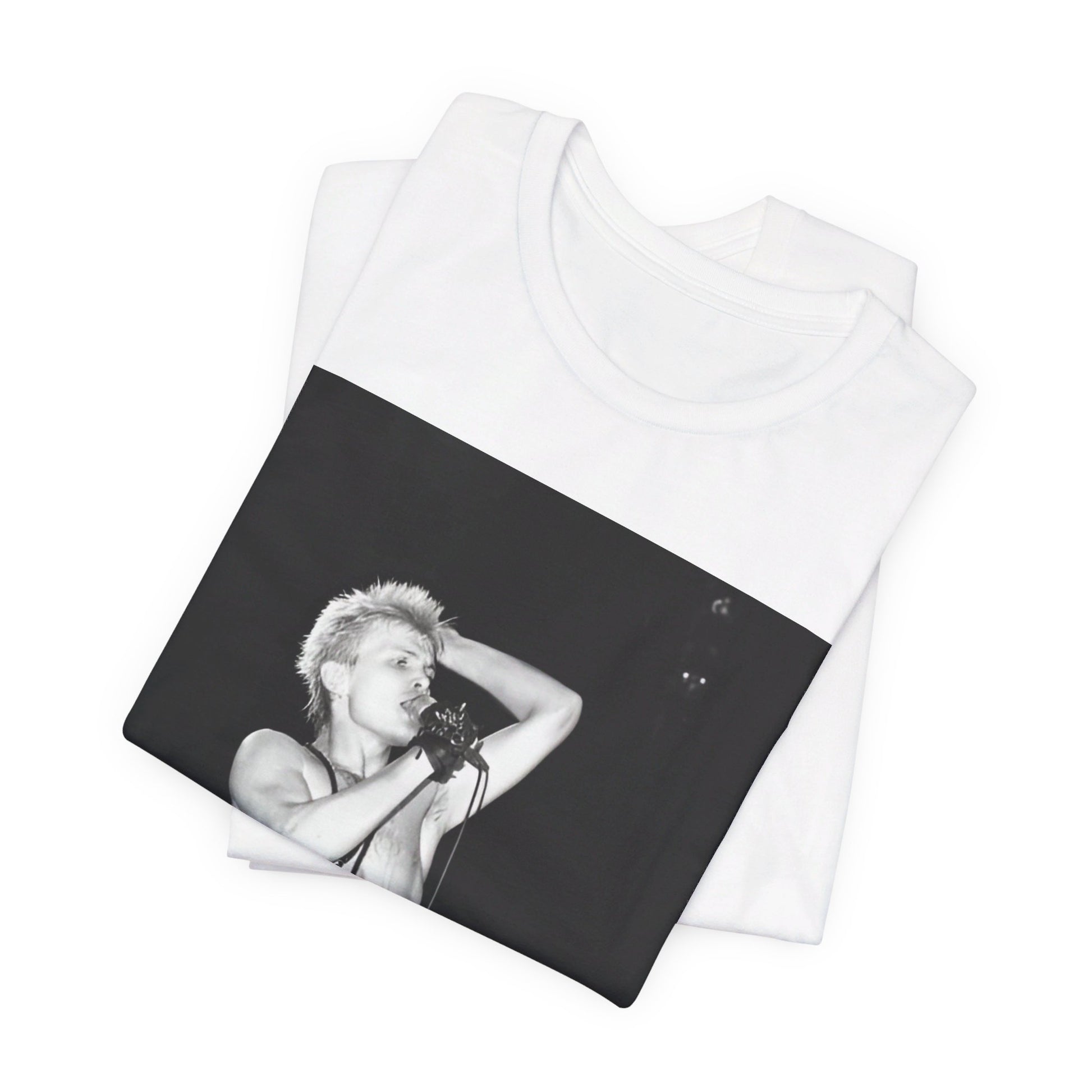 A black graphic t-shirt featuring a graphic related to Billy Idol's 'White Wedding' era, with a distinctive aesthetic.