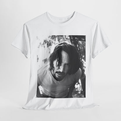 A black graphic t-shirt featuring a graphic of Keanu Reeves with authentic chill vibes.