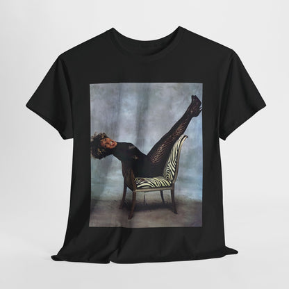 A black graphic t-shirt featuring a bold rock superstar graphic of Tina Turner.