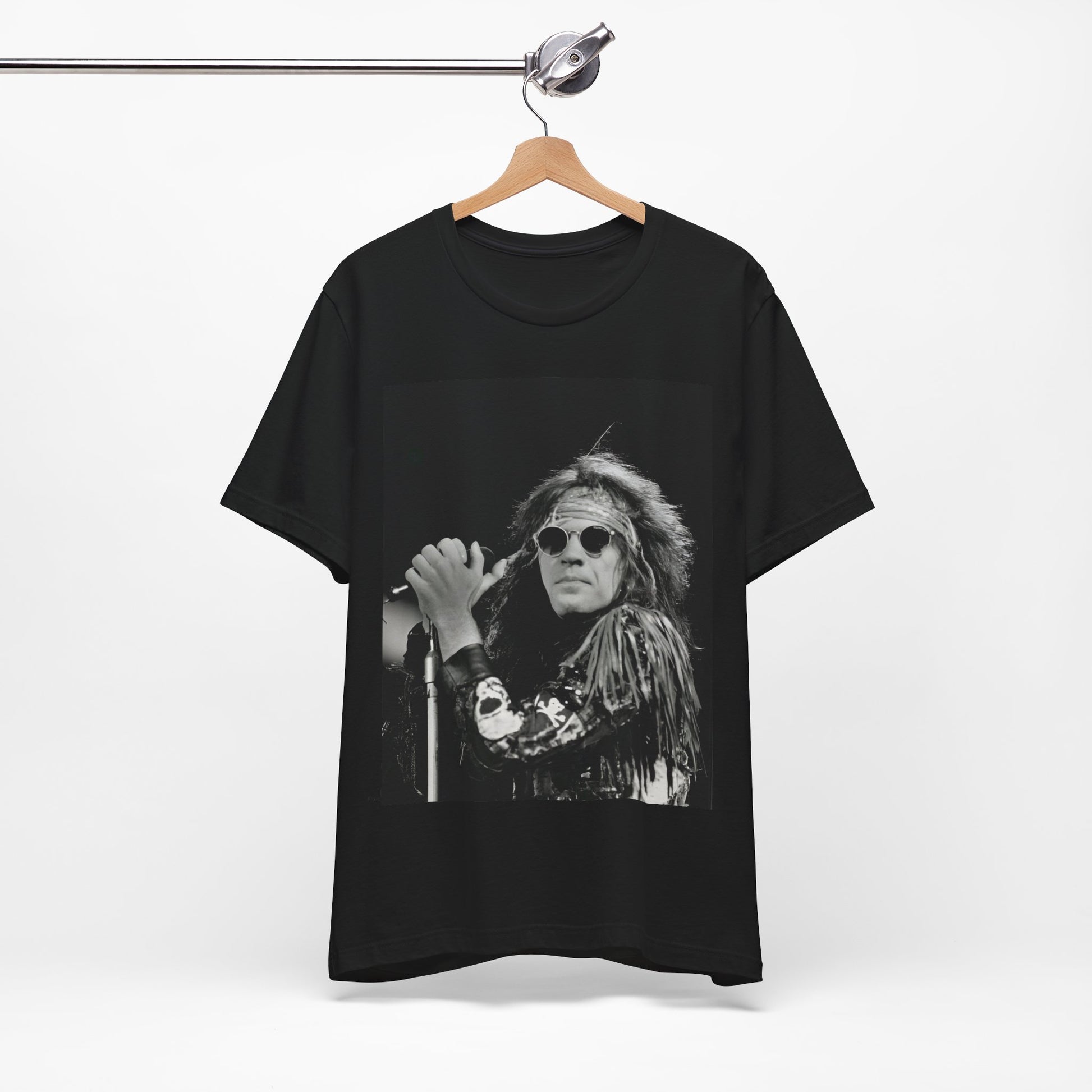 A black graphic t-shirt featuring a vintage graphic related to Bon Jovi's '94 era or "Glory Days".