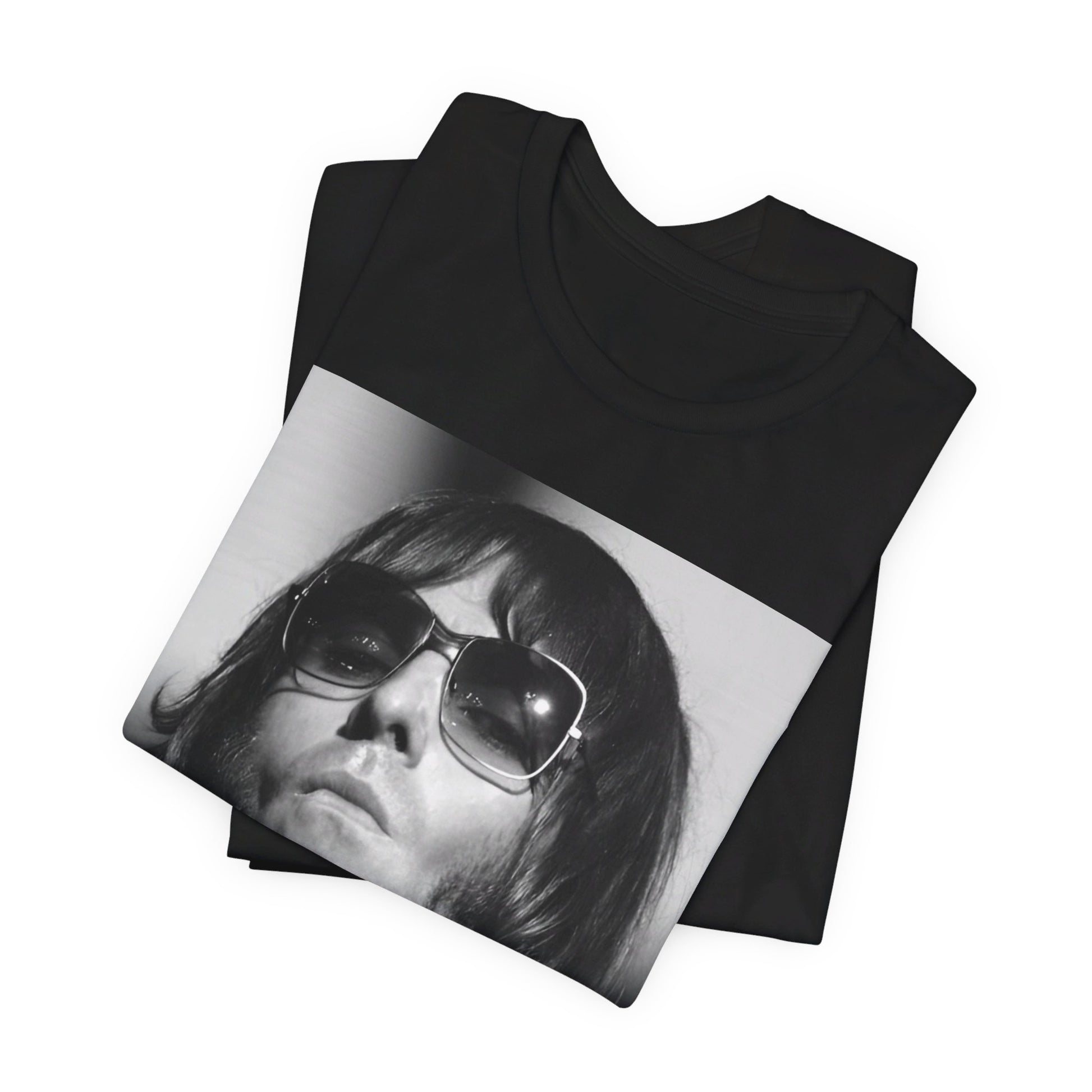 A black graphic t-shirt featuring a graphic of Liam Gallagher from Oasis related to the 'Morning Glory' album era.