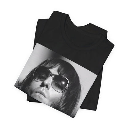 A black graphic t-shirt featuring a graphic of Liam Gallagher from Oasis related to the 'Morning Glory' album era.