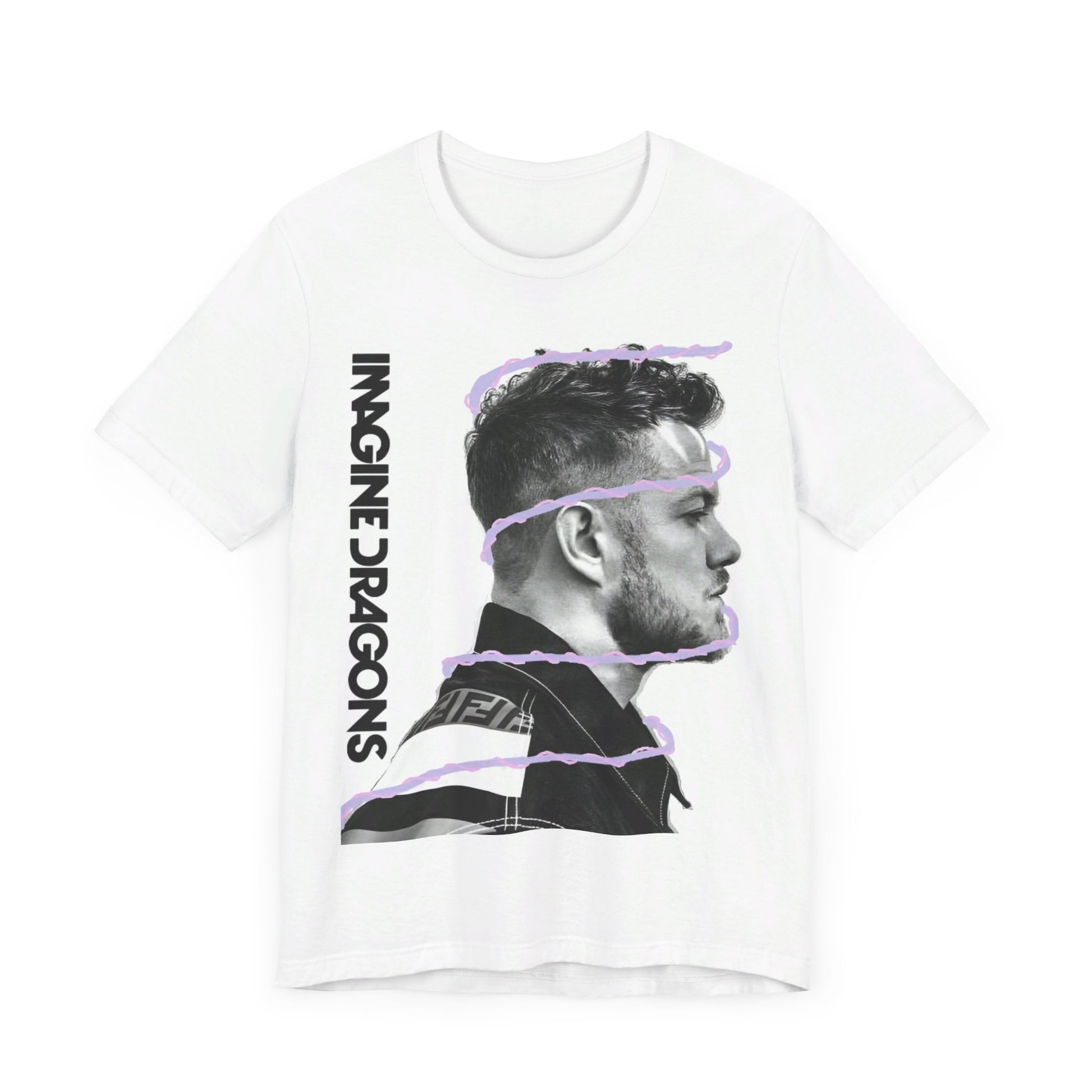 A black graphic t-shirt featuring a graphic of Imagine Dragons designed with a modern alt rock spirit.