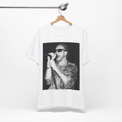 A black graphic t-shirt featuring an iconic black and white portrait photo of Layne Staley from Alice In Chains, showing his distinctive look.