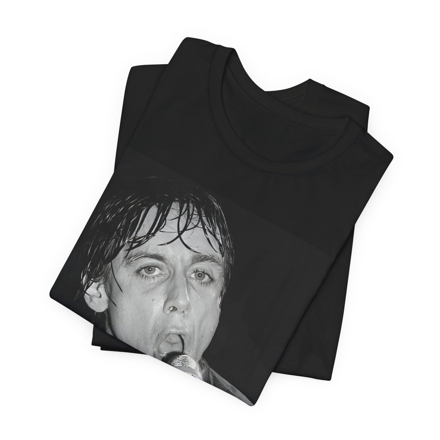 A black graphic t-shirt featuring a 70s graphic or photo of Iggy Pop performing in a wild concert.