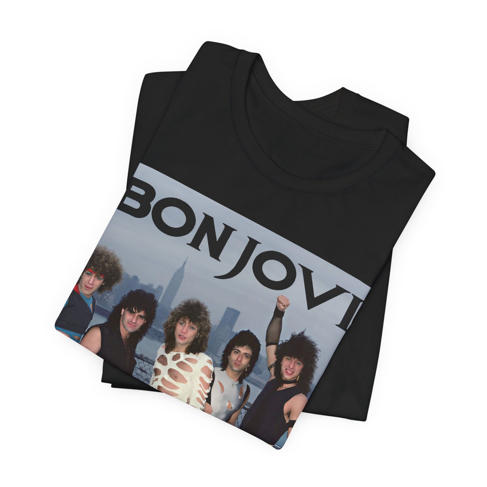 A black graphic t-shirt featuring a graphic related to Bon Jovi's 'Livin' on a Prayer' song or era from the 1980s.