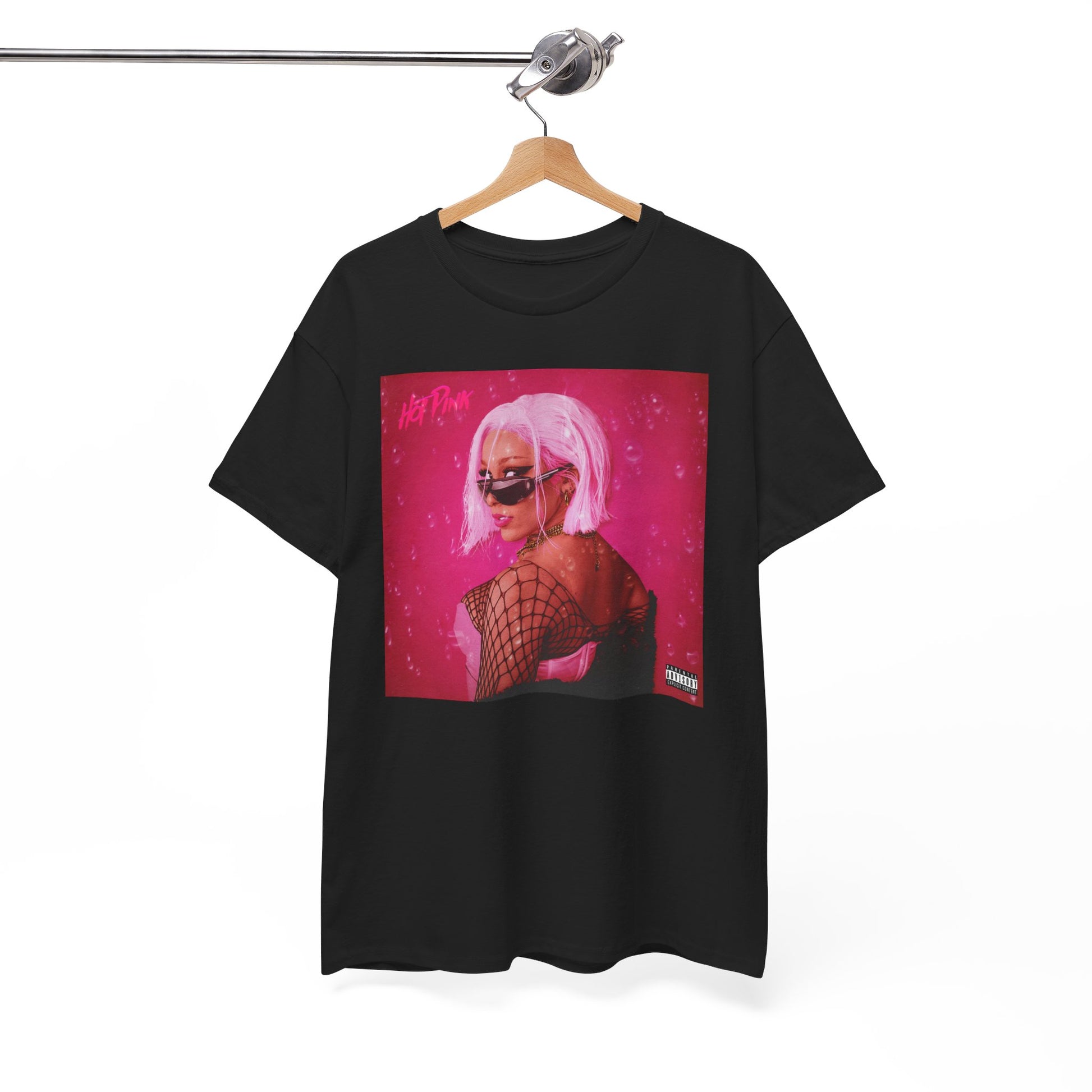 A black graphic t-shirt featuring a graphic related to Doja Cat's "Hot Pink" album era.