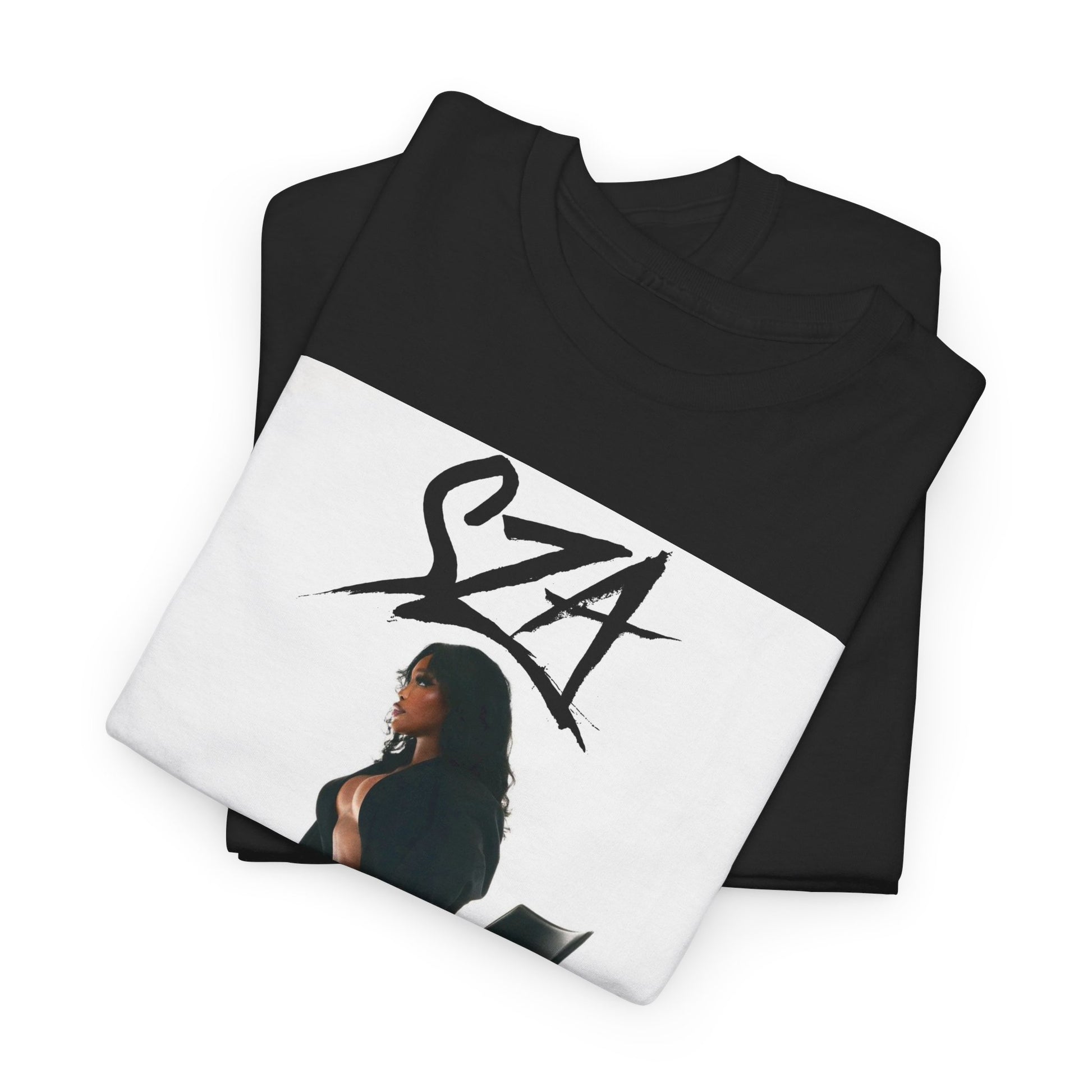 A black graphic t-shirt featuring a chill neo-soul aesthetic graphic of SZA.