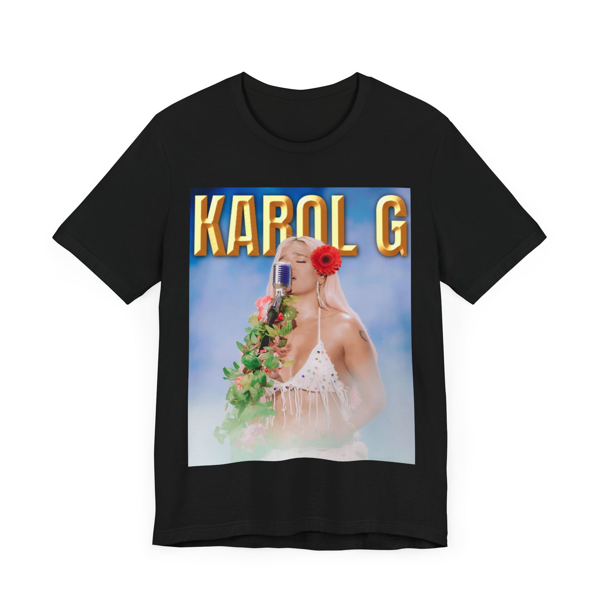 A black graphic t-shirt featuring a graphic of Karol G as a classic Latin pop queen.