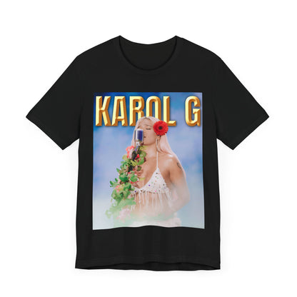 A black graphic t-shirt featuring a graphic of Karol G as a classic Latin pop queen.
