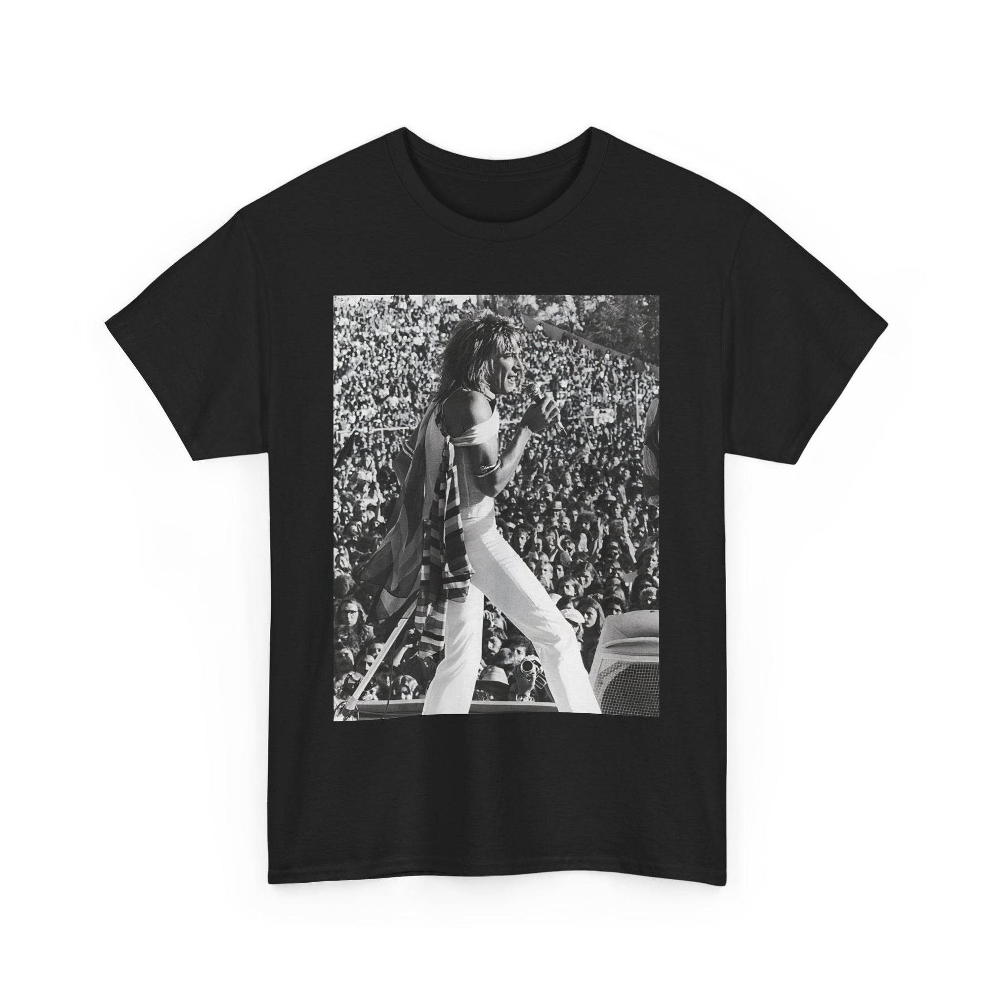 A black graphic t-shirt featuring a 70s on stage concert graphic of Rod Stewart.