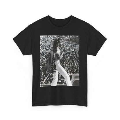 A black graphic t-shirt featuring a 70s on stage concert graphic of Rod Stewart.