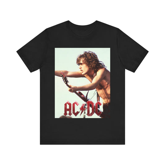 A black graphic t-shirt featuring the classic AC/DC lightning bolt logo prominently displayed, symbolizing the band's origins.