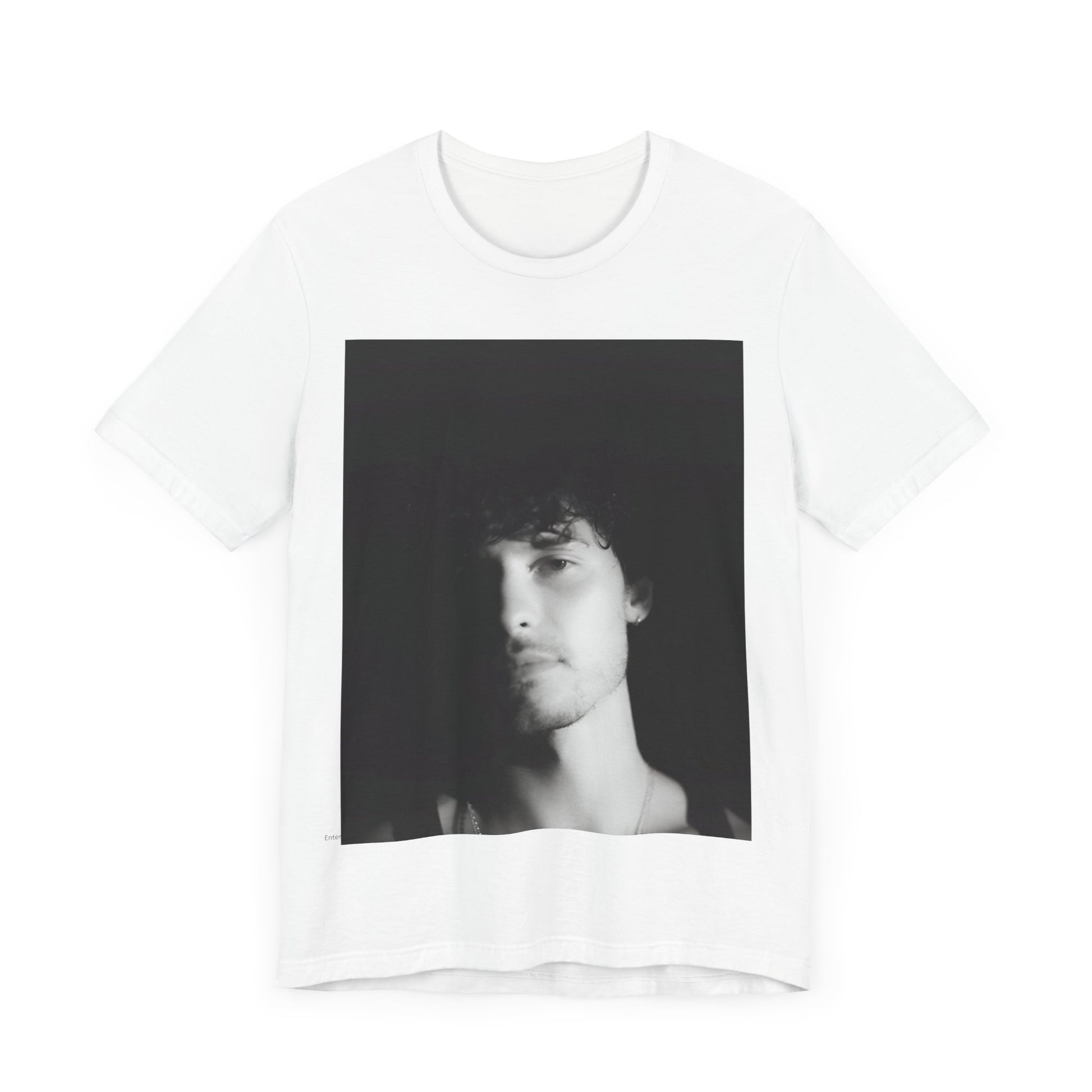 A black graphic t-shirt featuring a black and white portrait photo of Shawn Mendes.