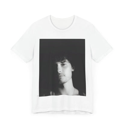 A black graphic t-shirt featuring a black and white portrait photo of Shawn Mendes.
