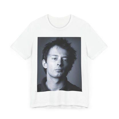 A black graphic t-shirt featuring an enigmatic graphic of Thom Yorke from Radiohead as a frontman.