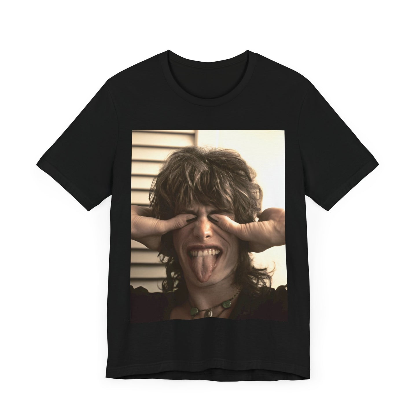 A black graphic t-shirt featuring a vintage 70s band photo of Aerosmith, showing the members in their iconic early looks.