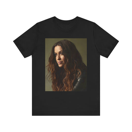 A black graphic t-shirt featuring a close-up portrait photo of Alanis Morissette, showing her intense or contemplative expression.