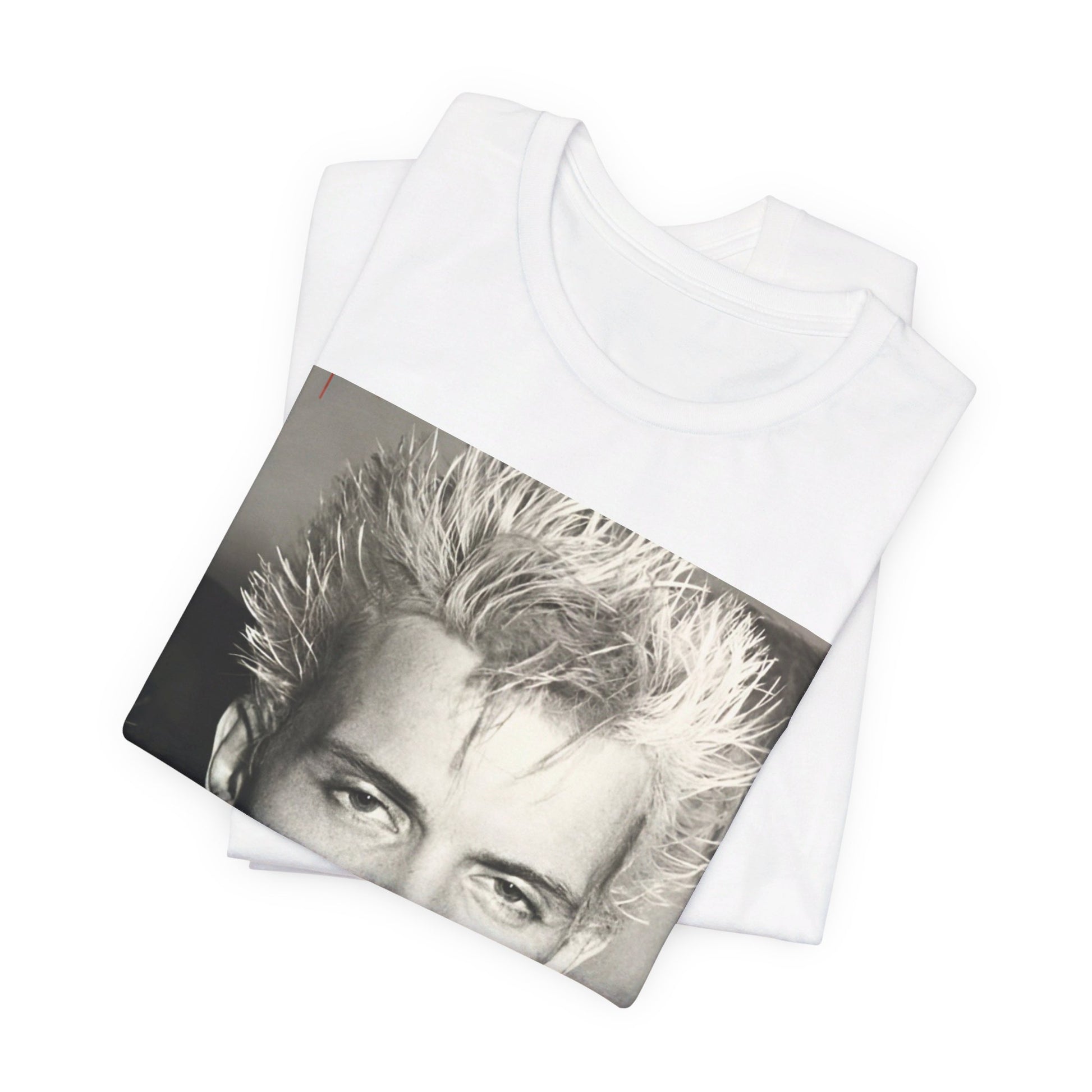 A black graphic t-shirt featuring a vintage black and white monochrome graphic of Billy Idol.