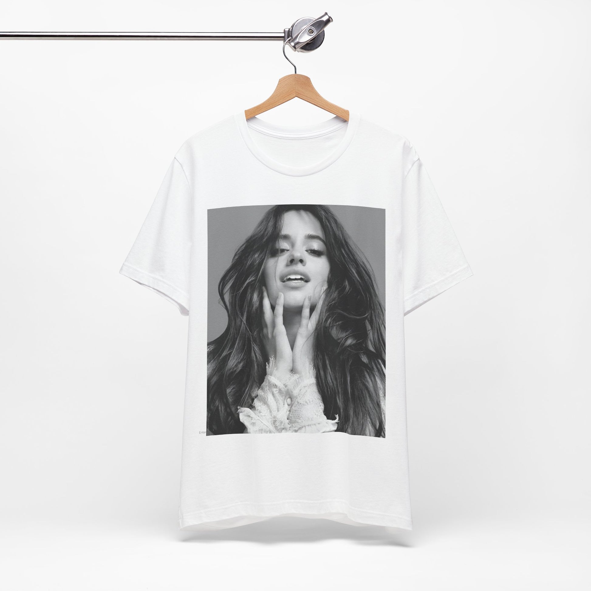 A black graphic t-shirt featuring a black and white portrait photo of Camila Cabello.