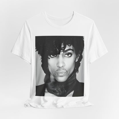 A black graphic t-shirt featuring a black and white photo portrait of Prince.